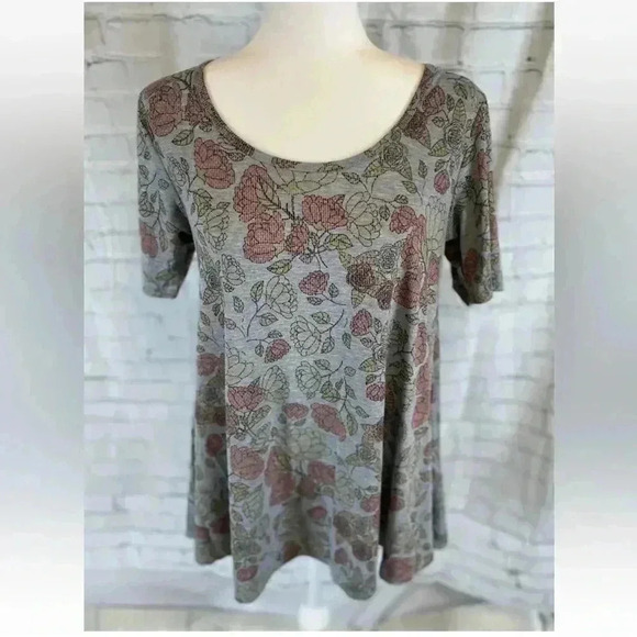 LulaRoe Perfect T Swing Side Slit Tee T Shirt Womens XS Muted Gray Artsy flower - Picture 2 of 16